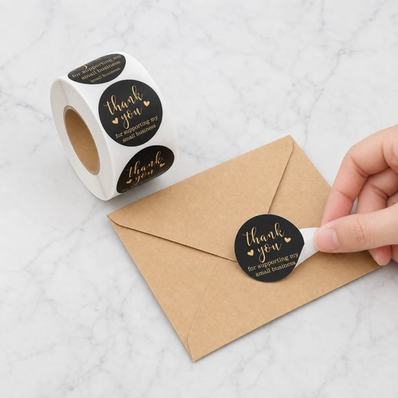 Black Gold Round Thank You Sticker Roll, Copper Paper Adhesive Labels for Gift Packaging, Envelopes & Handmade Goods, Decorative Seals for Business​