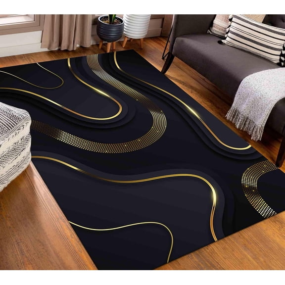 Black And Gold Rug, Abstract Rugs, Modern Anti-Slip Corridor Luxury Rug, Fade Resistant Stain Resistant Floor Throw Carpet For Office, Conference Room, Living Room 5x6ft