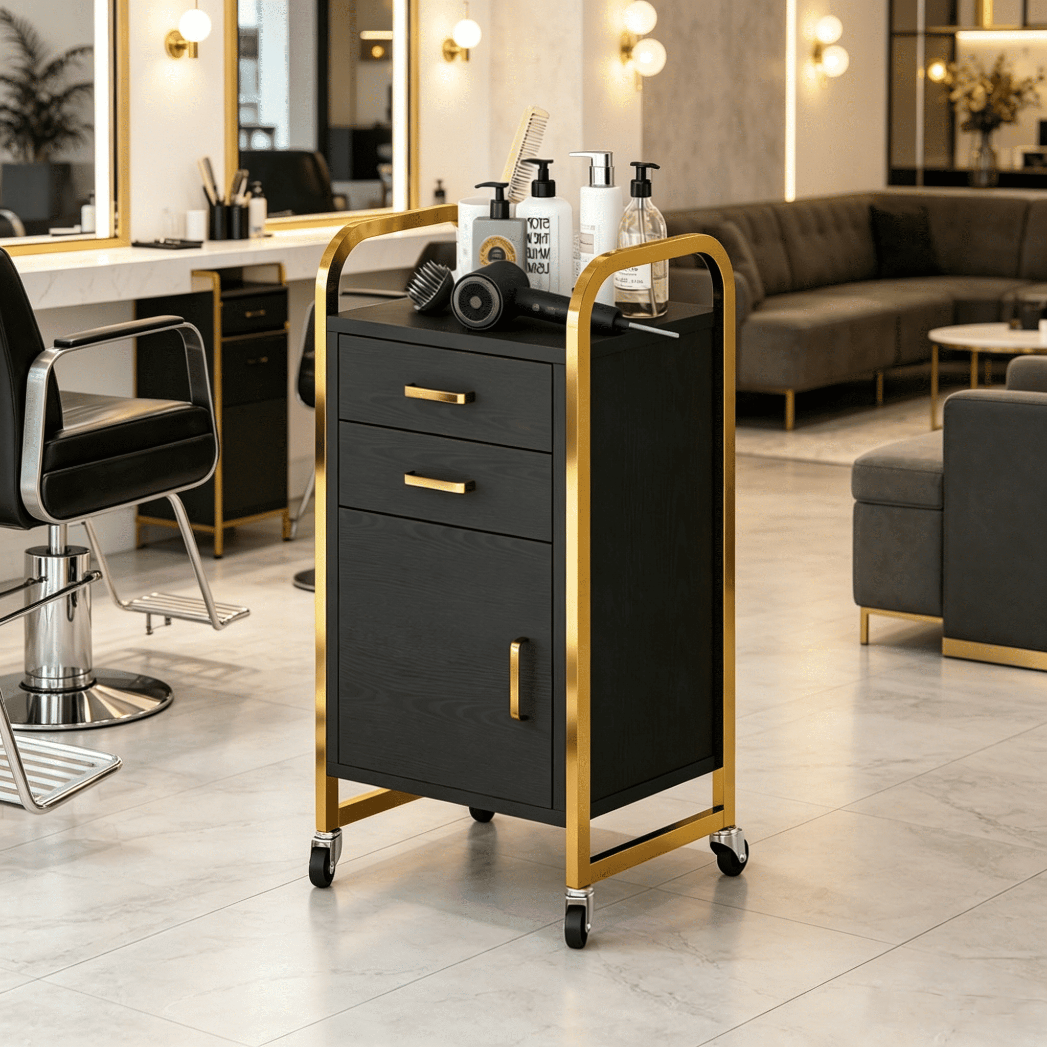 Black and Gold Salon Rolling Cart with Wheels, Mobile Beauty 
