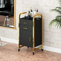 Black and Gold Salon Rolling Cart with Wheels, Mobile Beauty Trolley with 2 Drawers, Salon Station with Storage Cabinet for Hair Stylist, Rolling Beauty Station for Barbershop, Spa & Tattoo