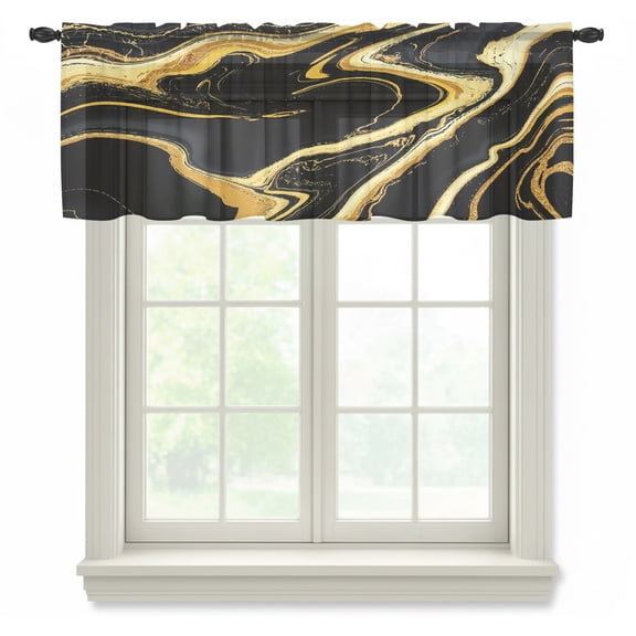 Black Gold Sheer Valances for Windows Marble Luxury Abstract Glitter Fluid Pattern Semi Sheer Kitchen Valance Rod Pocket Small Window Voile Curtains for Living Room Bedroom Laundry 42 x 12 Inch