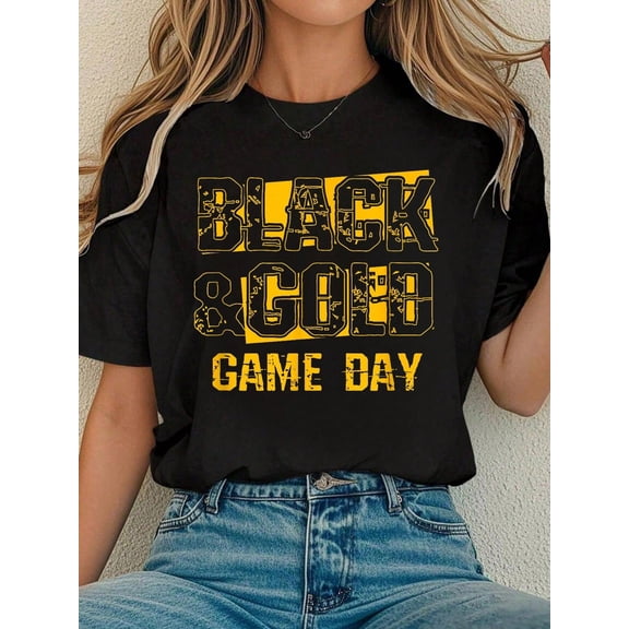 Black & Gold Shirt Game Day High School Football Retro T-Shirt Tee Shirts Women