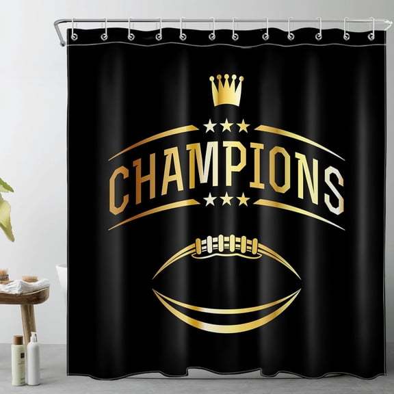 Black and Gold Shower Curtain, American Football Champions Sports Long Shower Curtain Set, Decorative Washable Waterproof Bathroom Curtains with Plastic Hooks,78Lx72W inches