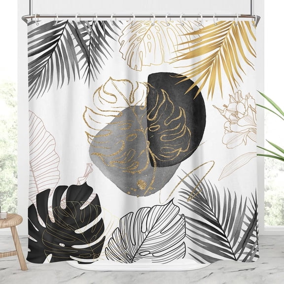 Black and Gold Shower Curtain Boho White Gray Grey Floral Leaves Minimalist Mid Century Modern Unique Tropical Botanical Home Bathroom Decor Bathtub Set with 12 Hooks, 72x72, Neutral