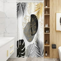 Black and Gold Shower Curtain Boho White Grey Leaves Palm Leaf Stall Small Single Walk in Half Size Dorm Standing Narrow Stand Up RV Home Bathroom Decor Bathtub Set, 36x72, Modern
