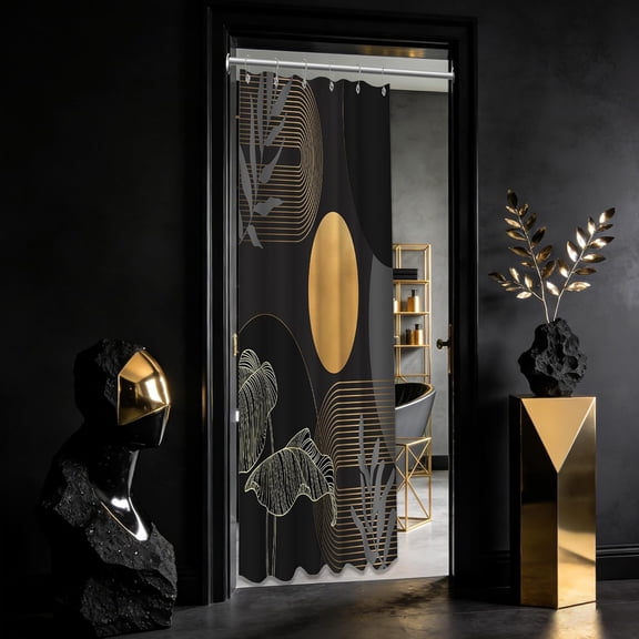 Black and Gold Shower Curtain Dark Mid Century Modern Boho Shower Curtains for Bathroom Decor MCM Masculine Cool Bath Curtain Set, Waterproof Fabric with Hooks 36 x 72 Inch