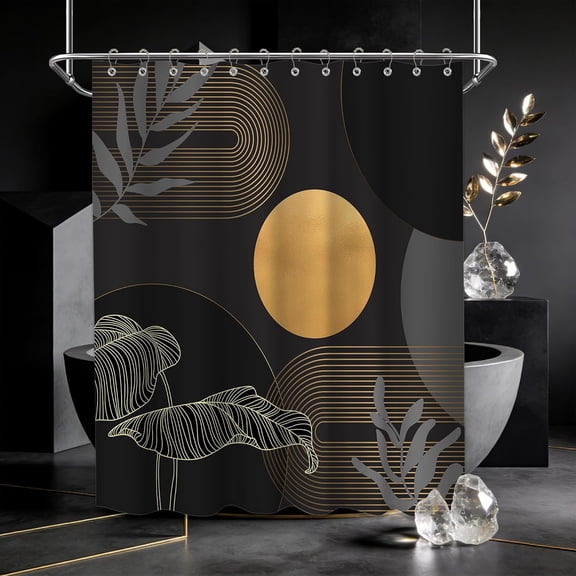 Black and Gold Shower Curtain Dark Mid Century Modern Boho Shower Curtains for Bathroom Decor MCM Masculine Cool Bath Curtain Set, Waterproof Fabric with Hooks 72 x 72 Inch