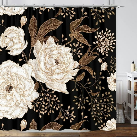 Black and Gold Shower Curtain, Dark Roses Leaves Botanical Aesthetic Boho Floral Shower Curtain for Bathroom with Hook, Vintage Rose Gold Flowers Fabric Unique Chic Shower Curtain Set with Hooks 72X84