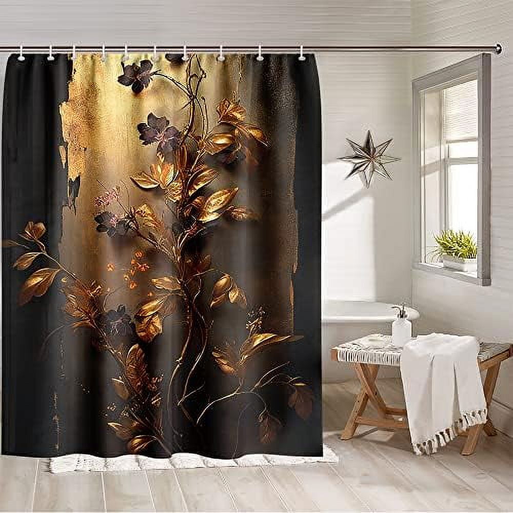 Black and Gold Shower Curtain Set Abstract Metallic Gold Flowers