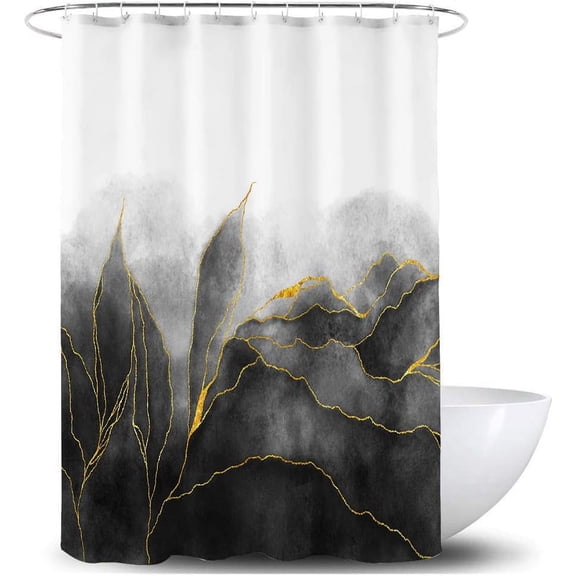 Black and Gold Shower Curtain Stylish Ombre Black Marble Bath Art Decor Curtains Abstract White Golden Leaves Fabric Curtains for Bathroom Waterproof Polyester 72 x 72 Inches