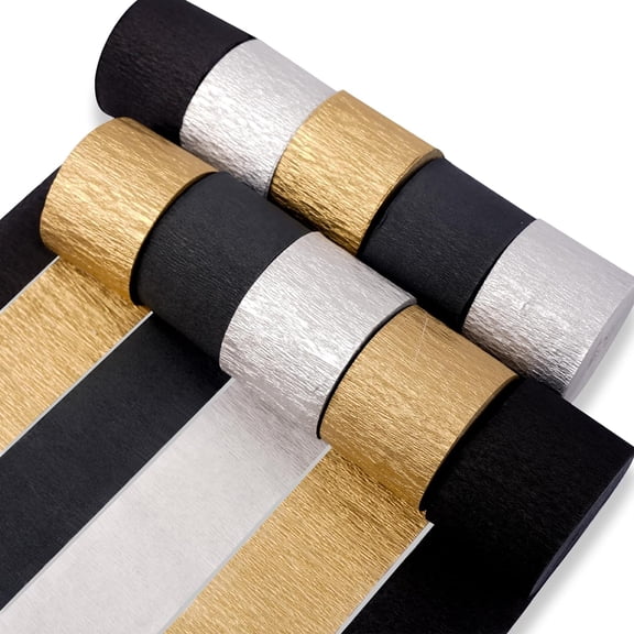 Black Gold Silver Crepe Paper Streamers 10 Rolls 820 ft Pack of Crepe Paper for Graduation Christmas New Year Wedding Birthday Party Decorations (1.8 Inch x 82 Ft/Rolls)