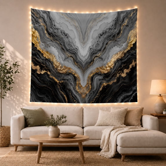 Black, Gold and Silver Marble in a Gray Chevron, Dramatic Abstract for Art Lovers, Stone Inspired Decor, Housewarming Gift, Tapestry Wall Hanging for Bedroom and Living Room