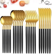 MYVIT Black Gold Silverware Set for 6,Luxury Kitchen Dining Utensil Set Lunch Party Wedding Cutlery Set,Stainless Steel Metal Flatware Spoons Forks Set Dishwasher Safe