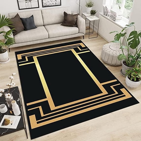 Black Gold Simple Geometry Area Rug, Modern Art Light Luxury Print Large Rugs, Indoor Non-Slip Kids Rugs, Machine Washable Breathable Durable Carpet For Front Entrance Floor Decor 3x4ft
