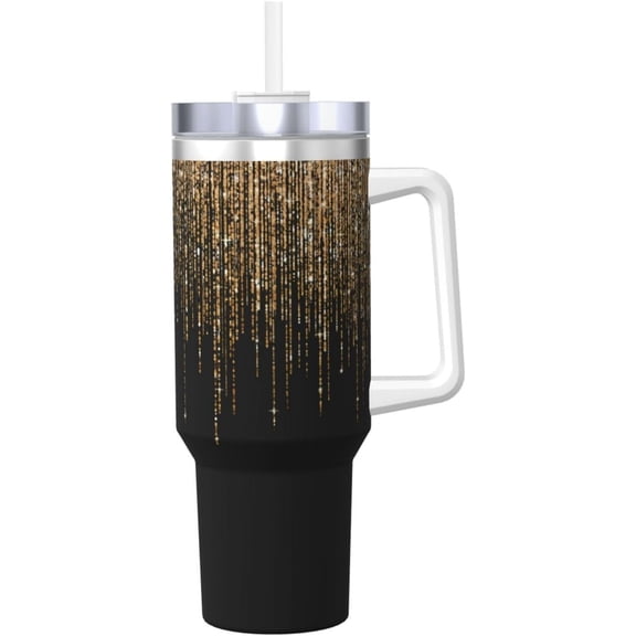 Black Gold Sparkly Glitter Fringe 40 Oz Tumbler Stainless Steel Vacuum Insulated Coffee Ice Cup Double Wall Travel Flask With Handle And Straw Lid
