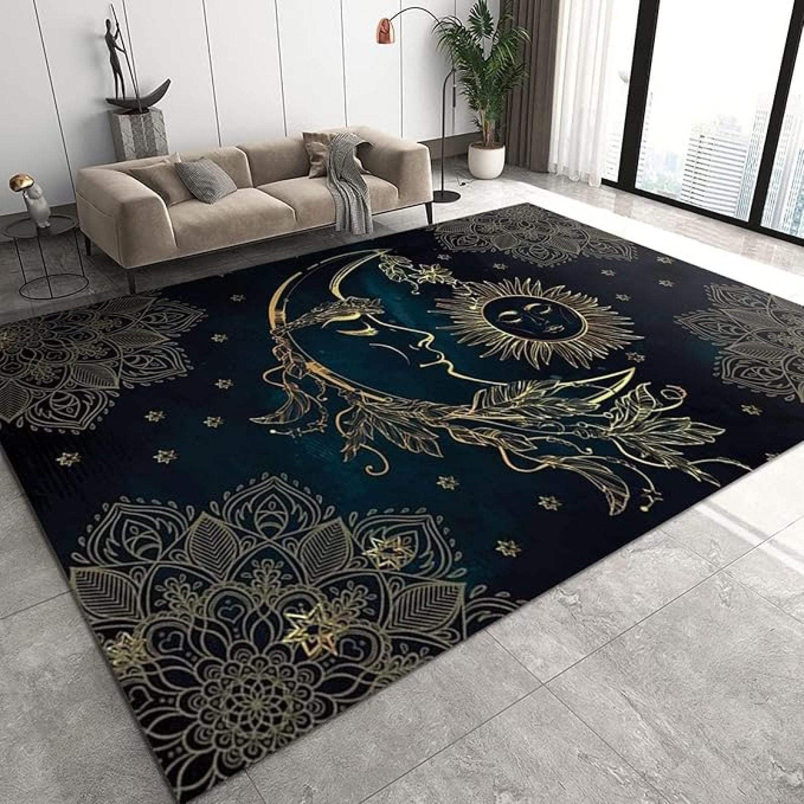 Black Gold Star Moon Sun Area Rug, Celestial Sun Moon And Stars Easy ...