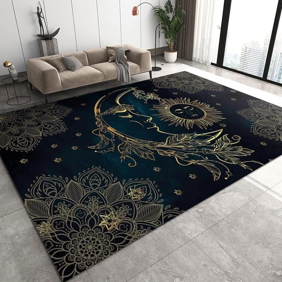 Black Gold Star Moon Sun Mandala Rugs, Indoor Non-Slip Print Large Area Rug, For Room Sofa Living Room Mat Bedroom Home Decor Floor Mats 1x2ft