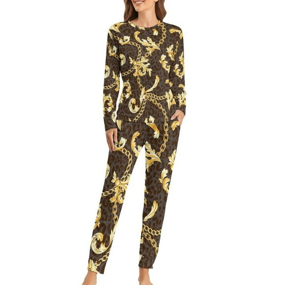 Black Gold Star Pajamas Bright Shiny Print 2 Pieces Leisure Pajama Sets Woman Long Sleeve Warm Oversized Nightwear