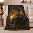 thumbnail image 1 of Black Gold Steam Train with Smoky Sunset Mountains and Art Deco Rail Border, Vintage Railway Style for Train Lovers, Warm Flannel Blanket for Den and Bedroom, Father's Day Gift, Home Decor, 1 of 9