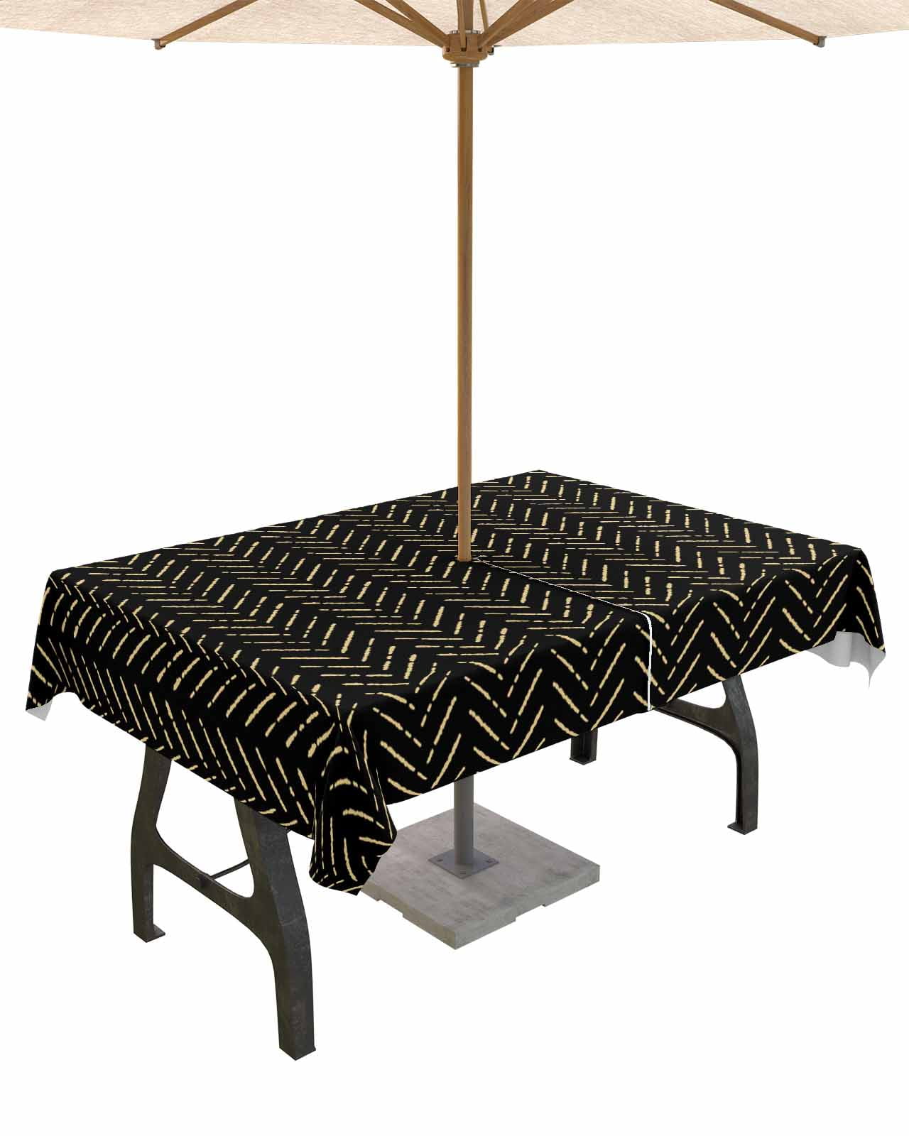 Black Gold Striped Outdoor Tablecloth with Umbrella Hole and Zipper