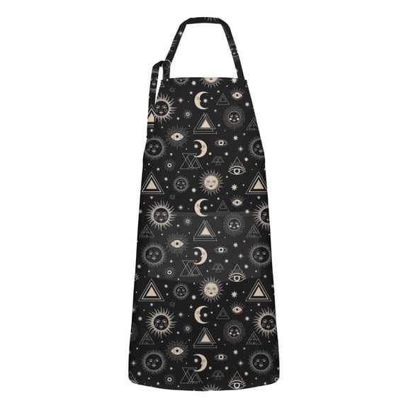 Black Gold Sun Moon Eye Triangle Pattern Apron-Garden Aprons for Women with Pockets-Cotton Linen Waterproof Kitchen Cooking Gardening Aprons Adjustable for Kitchen,Cooking,BBQ and Salon 33x27 Inch