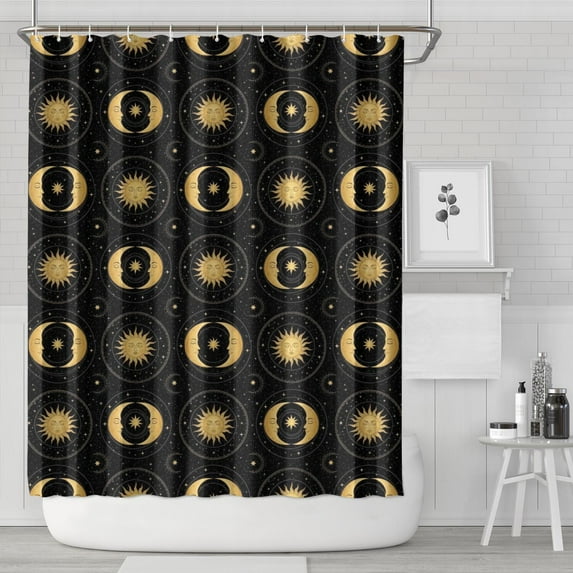Black Gold Sun Moon Pattern Shower Curtain 72"x84" ,Bathroom Decorative Shower Curtains Set with 12 Hooks,Modern Waterproof Washable Shower Curtain