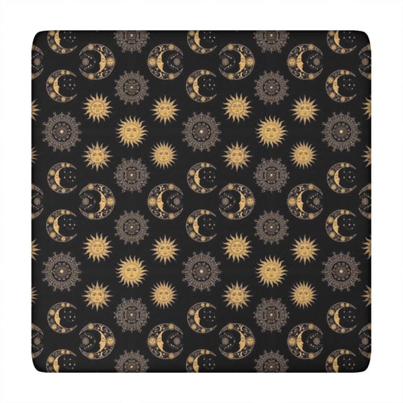Black Gold Sun Moon Pattern Square Fitted Tablecloth with Elastic Edge,Square Table Cover,Washable Elastic Table Cover for Home Kitchen Party Decor 34"x34"