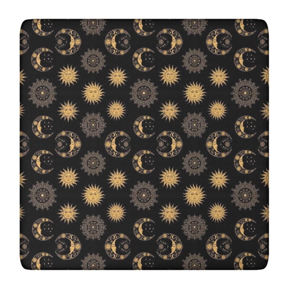 Black Gold Sun Moon Pattern Square Fitted Tablecloth with Elastic Edge,Square Table Cover,Washable Elastic Table Cover for Home Kitchen Party Decor 36"x36"