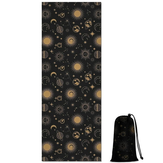 Black Gold Sun Moon Planet Star Pattern Hot Yoga Mat Towel Non Slip for Hot Yoga - Quick-Drying Yoga Mat Cover with 4 Corner Pockets with Travel Bag - Hot Yoga Towel Non Slip 70"x26"