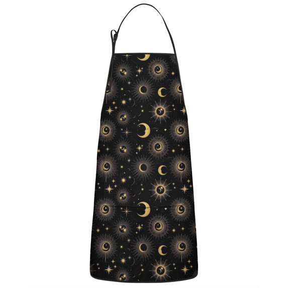 Black Gold Sun Moon Star Pattern Apron-Garden Aprons for Women with Pockets-Cotton Linen Waterproof Kitchen Cooking Gardening Aprons Adjustable for Kitchen,Cooking,BBQ and Salon 33x27 Inch