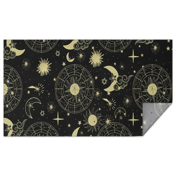 Black Gold Sun Moon Star Pattern Rectangle Tablecloth 60"x102",Waterproof Polyester Rectangle Table Cloth, Wipeable Spillproof Polyester Tablecloth for Dining, Camping, Indoor and Outdoor