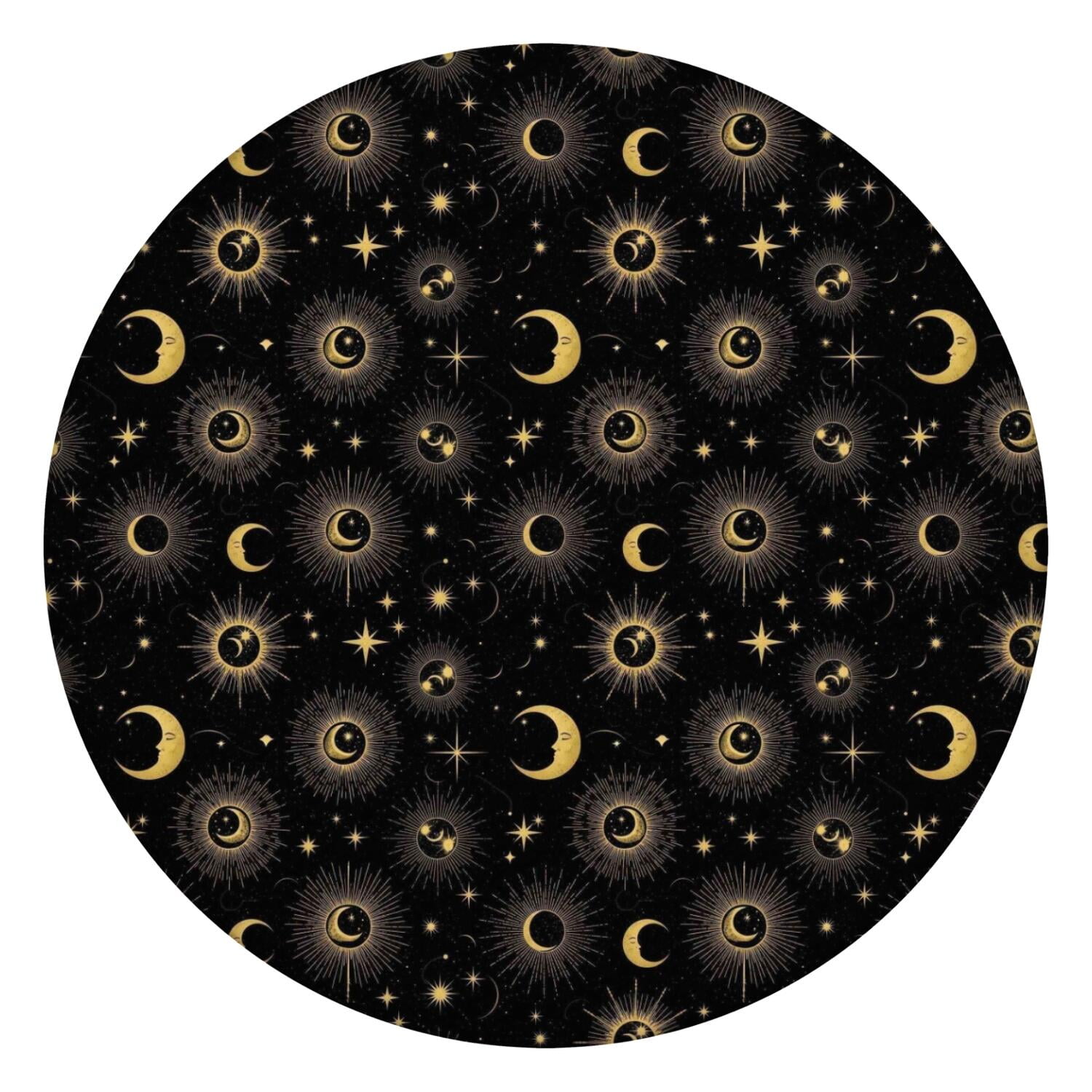 Black Gold Sun Moon Star Pattern Round Fitted Tablecloth with Elastic ...