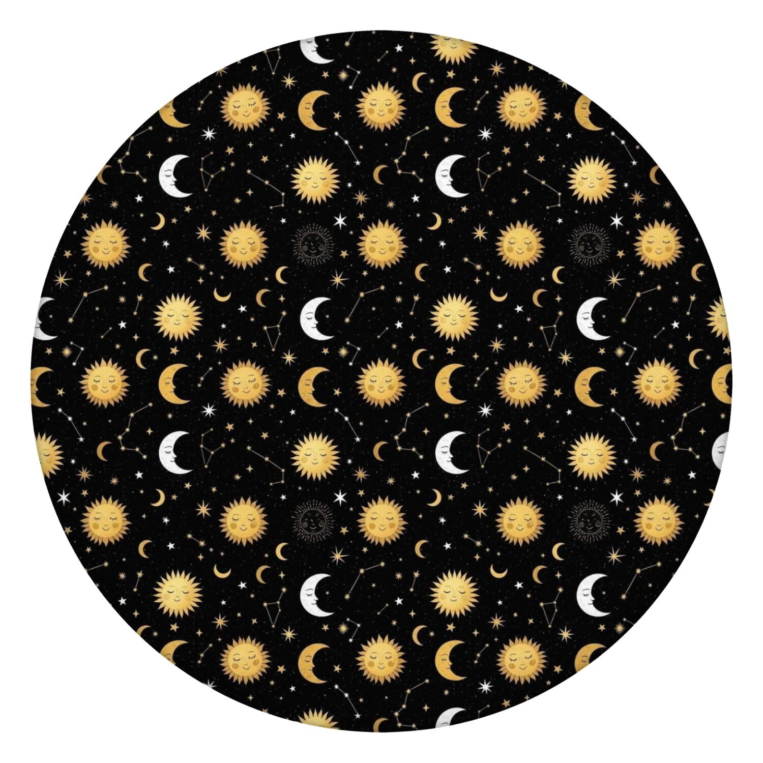 Black Gold Sun Moon Star Pattern Round Fitted Tablecloth with Elastic ...