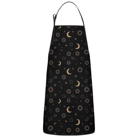 Black Gold Sun Moon Star Planet Pattern Apron-Garden Aprons for Women with Pockets-Cotton Linen Waterproof Kitchen Cooking Gardening Aprons Adjustable for Kitchen,Cooking,BBQ and Salon 33x27 Inch