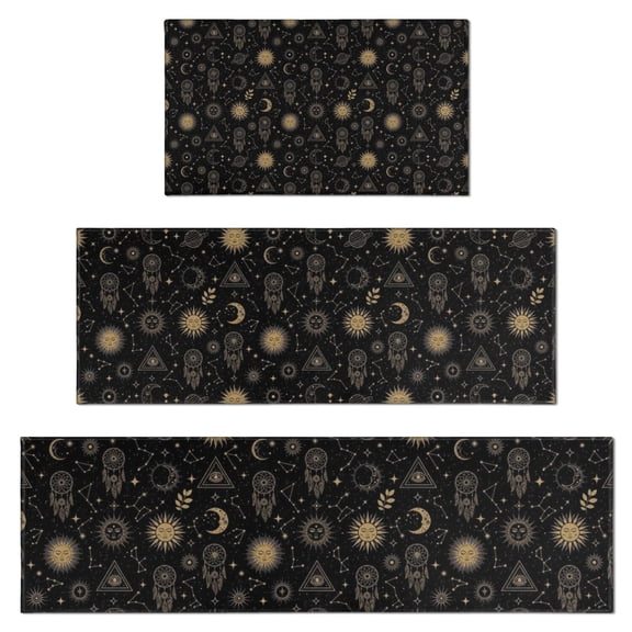 Black Gold Sun Moon Triangle Dreamcatcher Pattern Kitchen Rugs Sets Of 3,Kitchen Runner Rugs Non Skid Washable,Decorative Kitchen Floor Mats for Kitchen,Sink,Laundry,17"x30"+ 17"x47" + 17"x59"