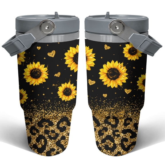 Black Gold Sunflower Leopard 30oz Car Tumbler Insulated Travel Cup with Handle and Straw Stainless Steel Vacuum Coffee Cup Western Glam Floral Gift for Her