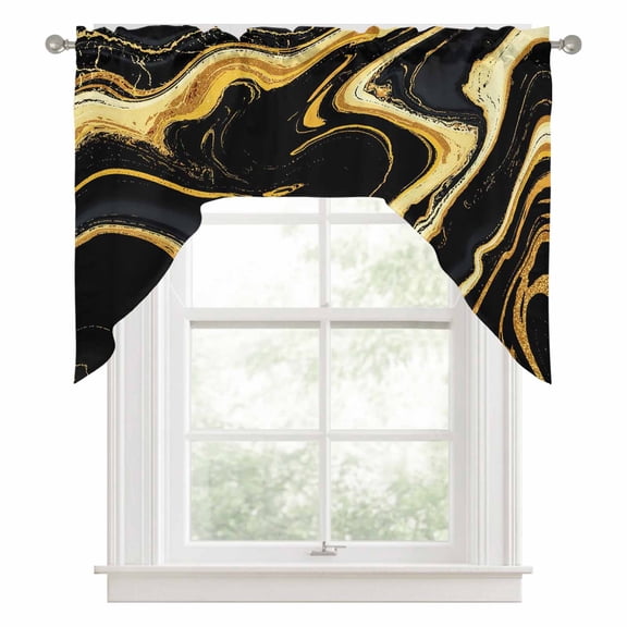 Black Gold Swag Valance for Windows, Marble Luxury Abstract Glitter Fluid Pattern Swag Curtains Valances for Small Window Treatment Rod Pocket for Kitchen Bathroom 1 Panel 56x36in
