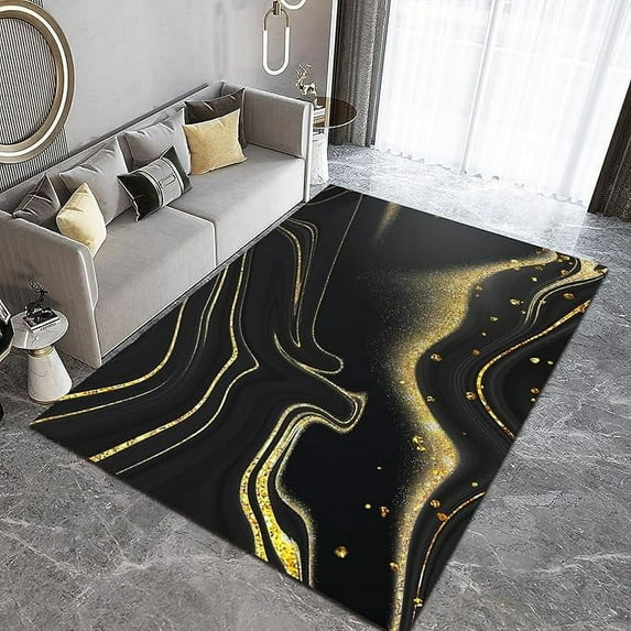 Black Gold Swirl Marble Area Rug, Retro Abstract Luxury Bedroom Carpet, Non-slip Rug Easy Care Indoor Soft Washable Printed For Living Room Bedroom Dorm Kitchen Dining Room 5 x 6ft