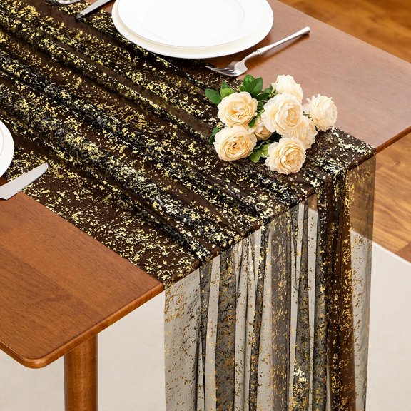 Black Gold Table Runner 120 Inch 10 Ft, Sheer Gauze Tulle Sequin Golden Glitter Metallic Foil Table Runners for Dining Wedding Anniversary Party Birthday Christmas Thanksgiving