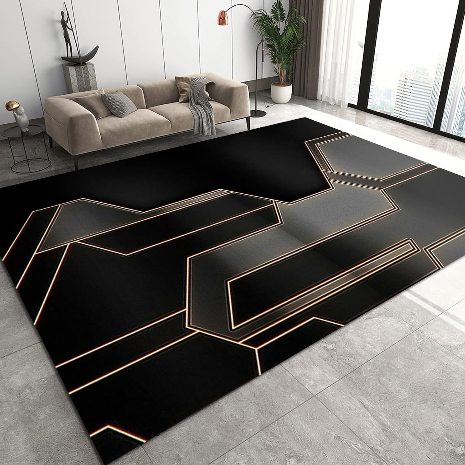 Black Gold Technology Marble Area Rug, Golden Irregular Curved Lines ...