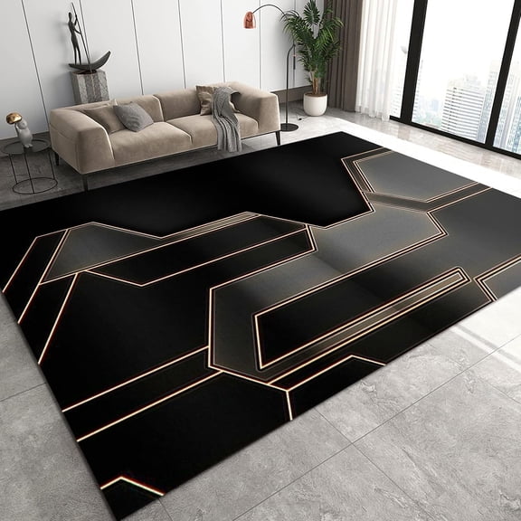 Black Gold Technology Marble Area Rug, Golden Irregular Curved Lines Bedroom Rug, Large Area Rug Machine Washable Durable Enough Apply to Living Room Study Room Kitchen 2x3ft