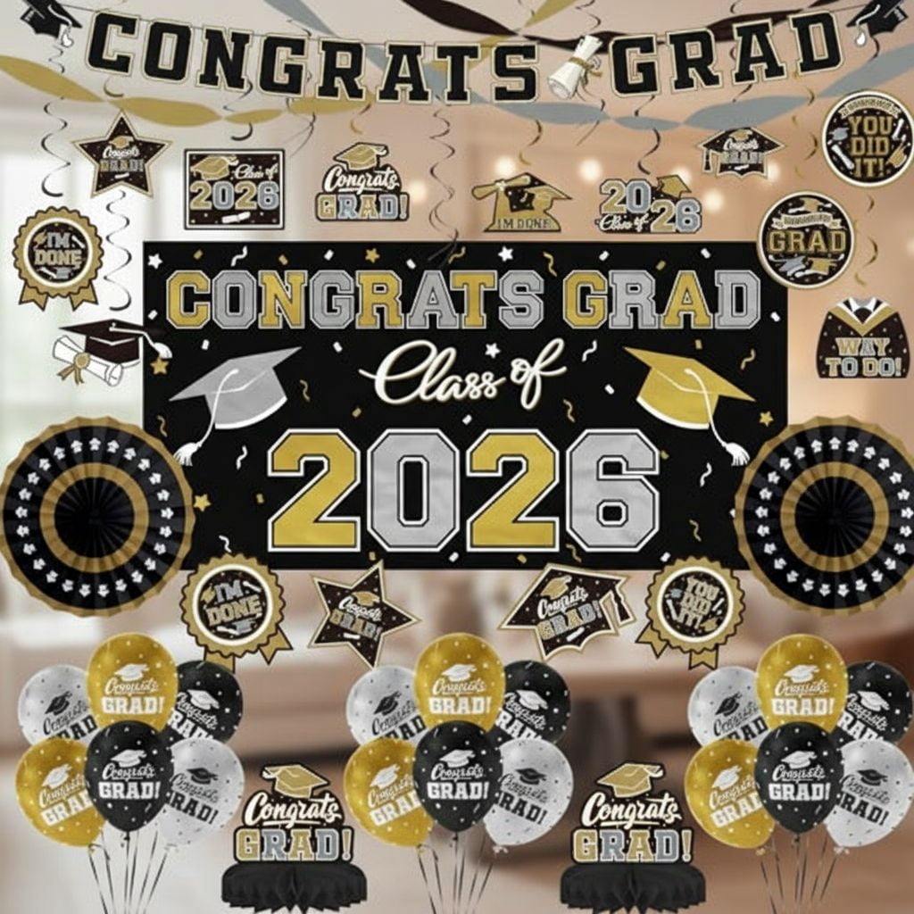 Black and Gold Themed 2026 Graduation Decorations Set - Congrats Grad ...