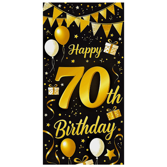 Black and Gold Themed 70th Birthday Banner Backdrop with Balloons Gifts Stars Party Supplies Photography Props Happy Birthday Decoration for Birthday Party Celebrations Photo Booth Decor Backgrounds