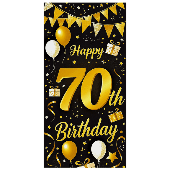 Black and Gold Themed 70th Birthday Banner Backdrop with Balloons Gifts Stars Party Supplies Photography Props Happy Birthday Decoration for Birthday Party Celebrations Photo Booth Decor Backgrounds