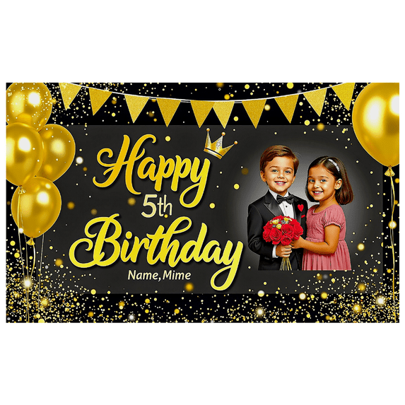 Black and Gold Themed Happy 5th Birthday Banner with Photo Insert Party Backdrop Decoration for Birthday Party Celebrations Photography Props and Event Decorations