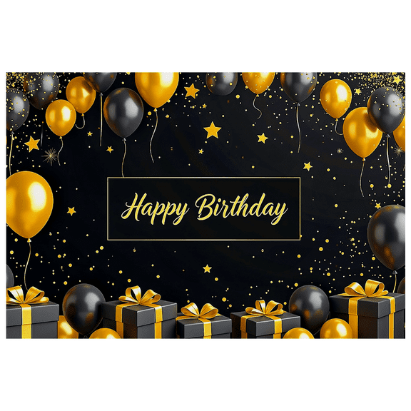 Black Gold Themed Happy Birthday Banner with Balloon Star Elements Party Supplies Birthday Decoration Photography Props Backdrop Decorations