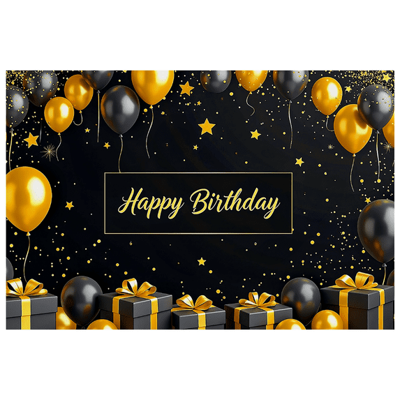 Black Gold Themed Happy Birthday Banner with Balloon Star Elements Party Supplies Birthday Decoration Photography Props Backdrop Decorations
