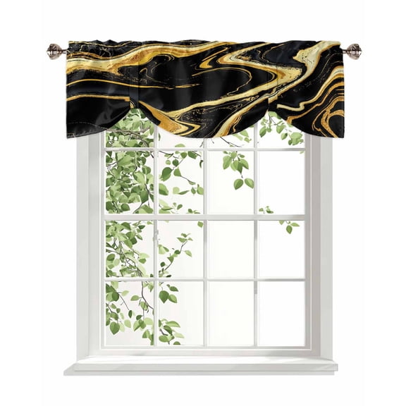 Black Gold Tie Up Valances Curtain, Adjustable Kitchen Marble Luxury Abstract Glitter Fluid Pattern Valances for Windows Decor, Rod Pocket Short Curtains Set for Bedroom/Bathroom, 54"x18"