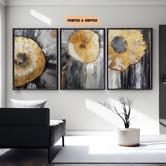 Black Gold Tree Ring Abstract Wall Art Set 3 Unframed Paper Print 20x30