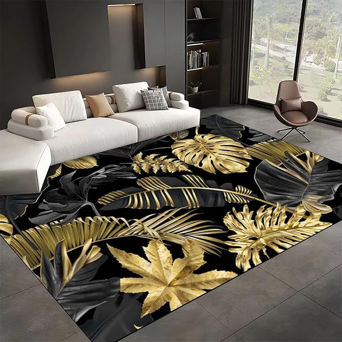 Black Gold Tropical Plant Area Rugs, Luxurious Palm Leaf Banana Leaf ...